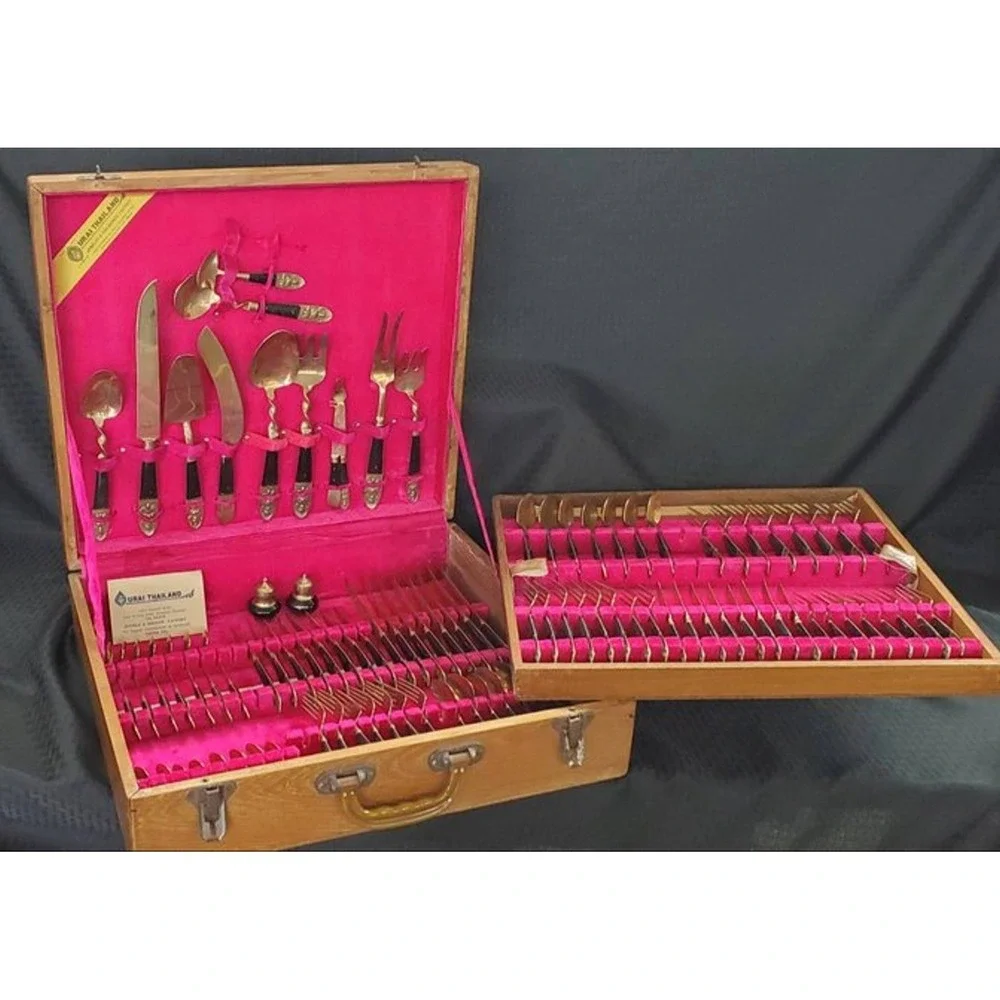 Vintage Urai Thailand Bronze Rosewood Flatware Set Siam MCM 100+ Pieces Boxed